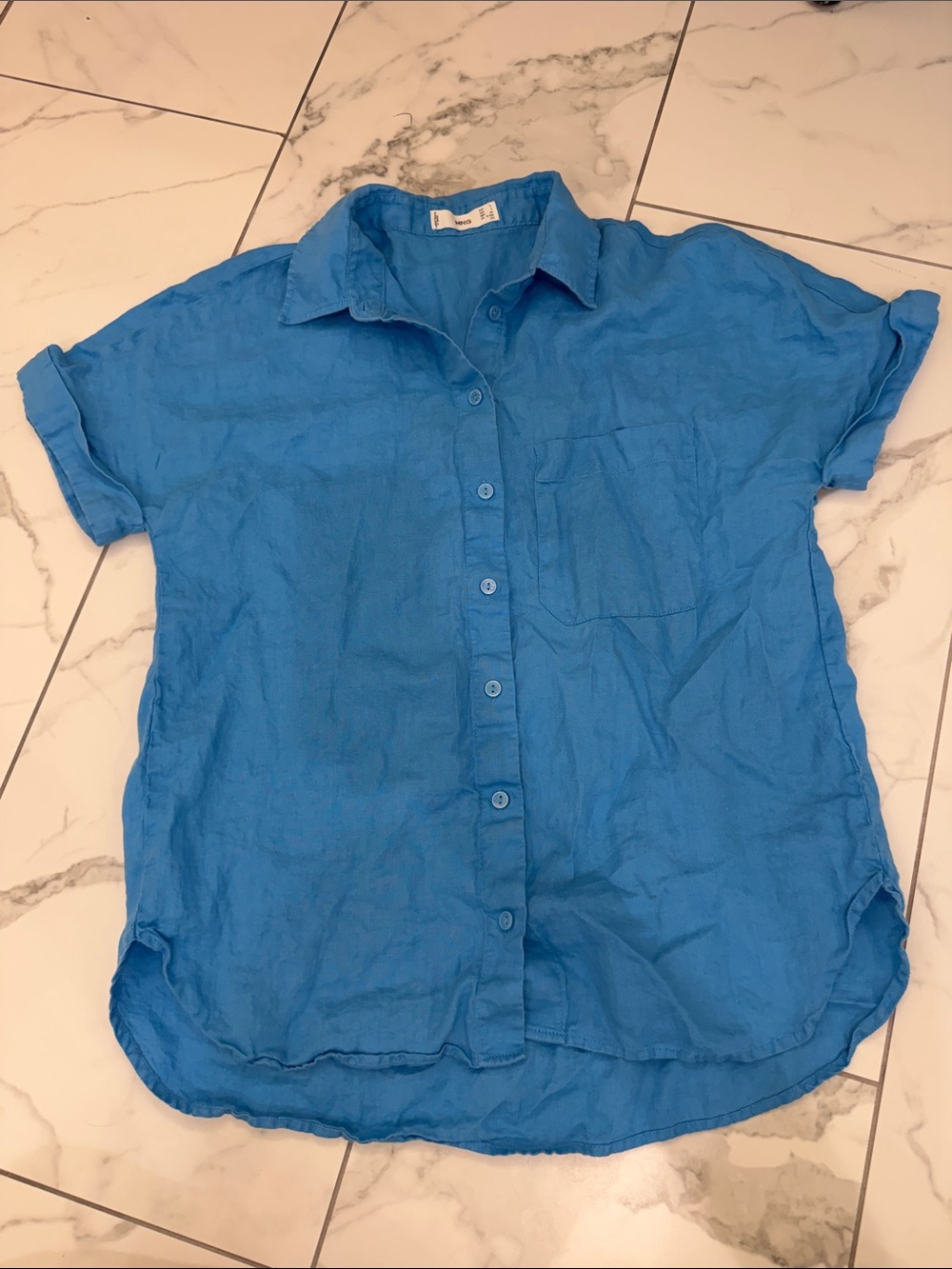 Mango Bright Blue Linen Short Sleeve Button-Up Shirt